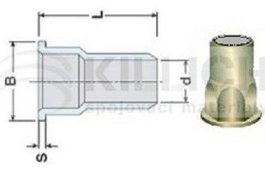 nýtovací matice OTEVŘENÁ M10x19 ZINEK plochá hladká hlava 6hranné tělo do 1/2 (s= 1.0-3.5 mm)